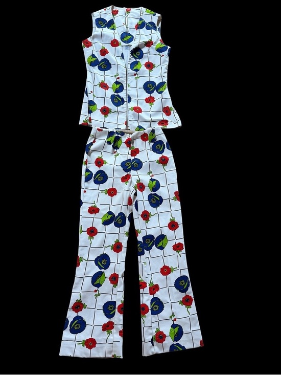 Vintage Pants - Late 60s Evan-Picone 2-Piece Poppy Print Woven Cotton Duck Canvas Vest & Trouser